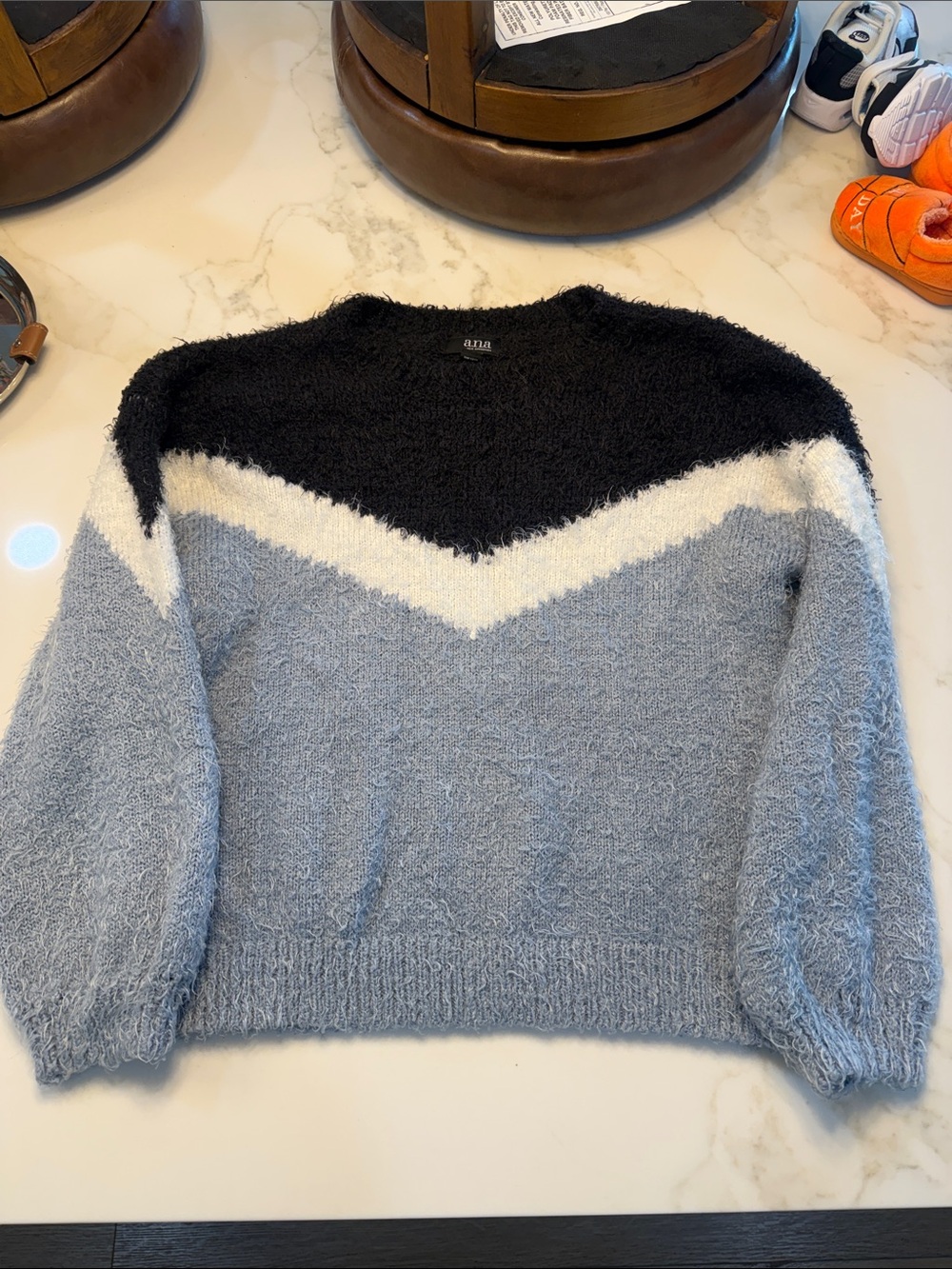 a.n.a Black, White & Light Blue Chevron Fuzzy Crewneck Sweater